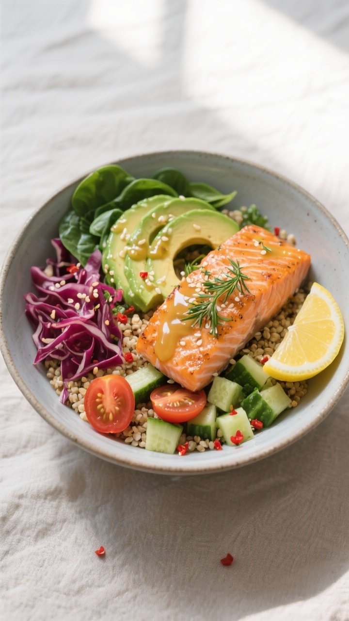 Overhead final dish: Salmon & Avocado Nourish Bowl beautifully assembled in a wide, matte ceramic bo