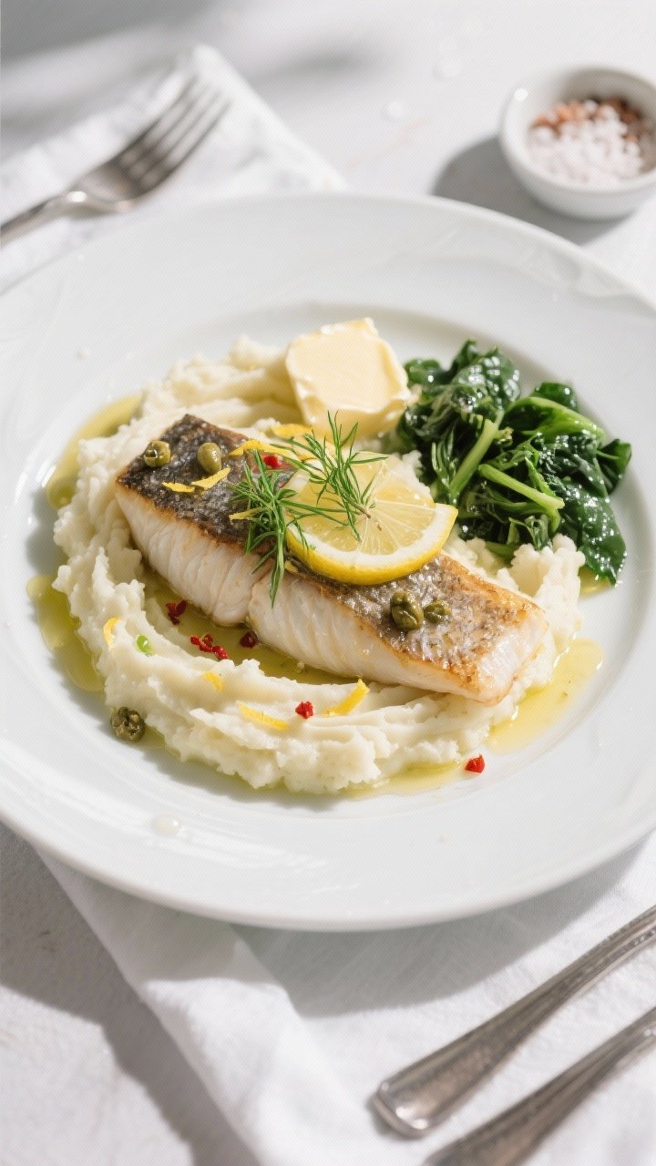 Overhead final plate: creamy cauliflower mash swirled into a soft bed on a wide white plate, topped 