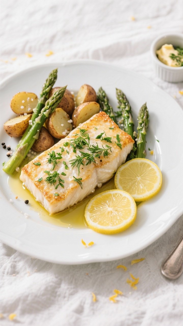 Overhead final plating: Restaurant-quality plate of Baked Cod with Lemon & Herbs, a single thick fil