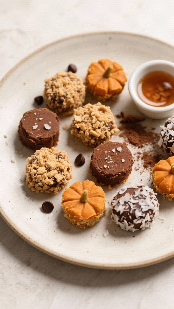 Overhead final presentation: A ceramic plate filled with assorted no-bake pumpkin pie bites—some c