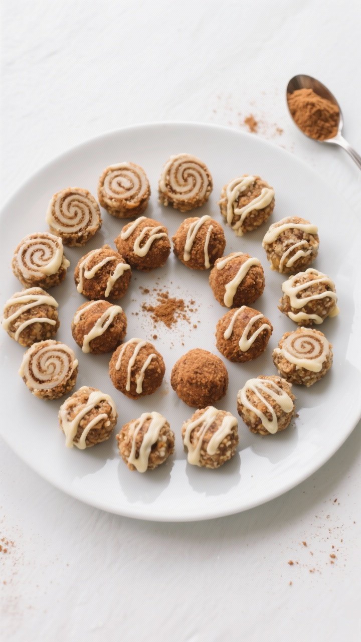 Overhead final presentation: A neatly arranged circle of 16–18 no-bake cinnamon roll energy bites 