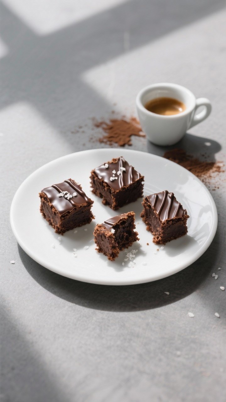 Overhead final presentation: A small dessert plate arranged with three keto espresso brownie bites, 