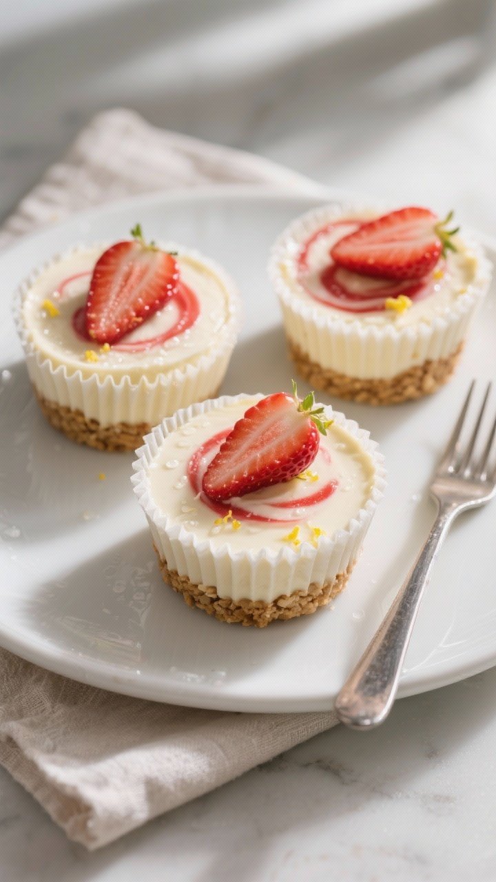 Overhead final presentation: A trio of chilled keto strawberry cheesecake cups out of their liners o