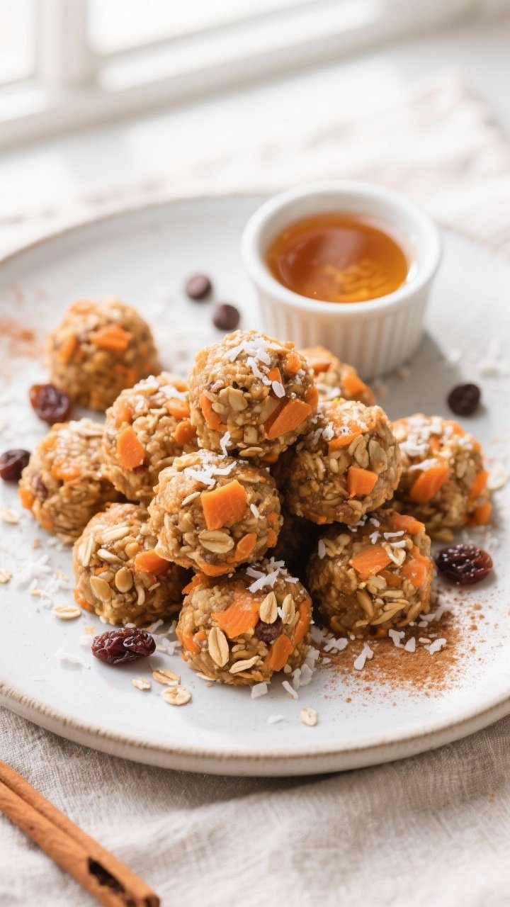 Overhead final presentation: An elegant plate piled with uniform no-bake carrot cake energy bites, d