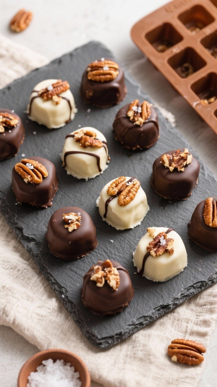 Overhead final presentation: Finished Keto Maple Pecan Fat Bombs arranged in a neat grid on a matte 
