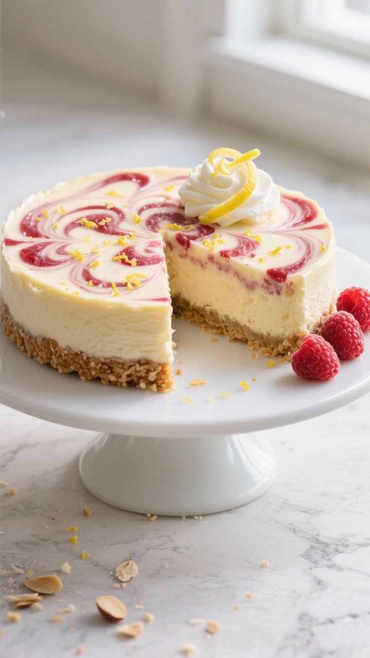 Overhead final presentation: Fully chilled keto lemon raspberry swirl cheesecake released from the s