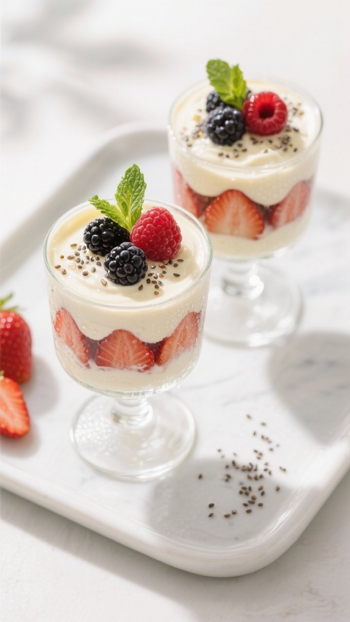 Overhead final presentation: Keto Berry Cream Parfaits layered in clear stemless wine glasses—pill