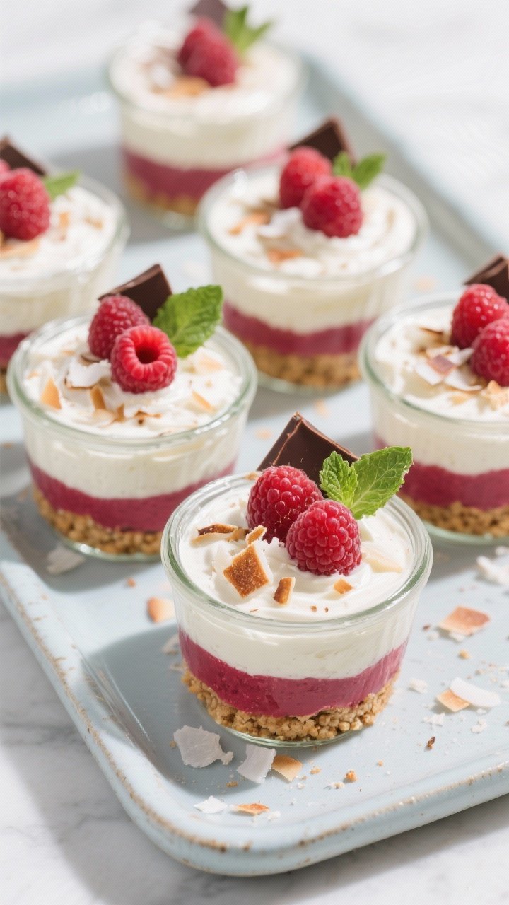 Overhead final presentation: Keto Raspberry Coconut Cream Pie Cups fully set and chilled, layered in