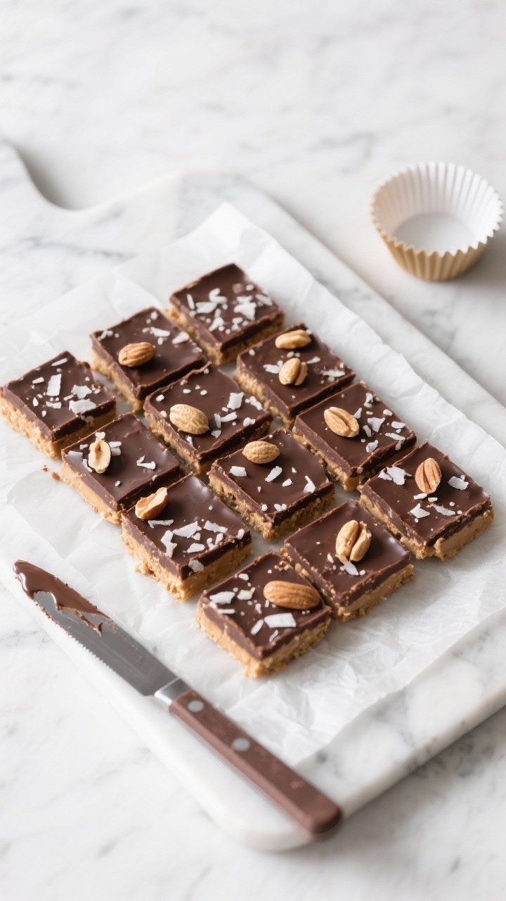 Overhead final presentation: Neat grid of bite-size squares cut from a parchment-lined slab of the s