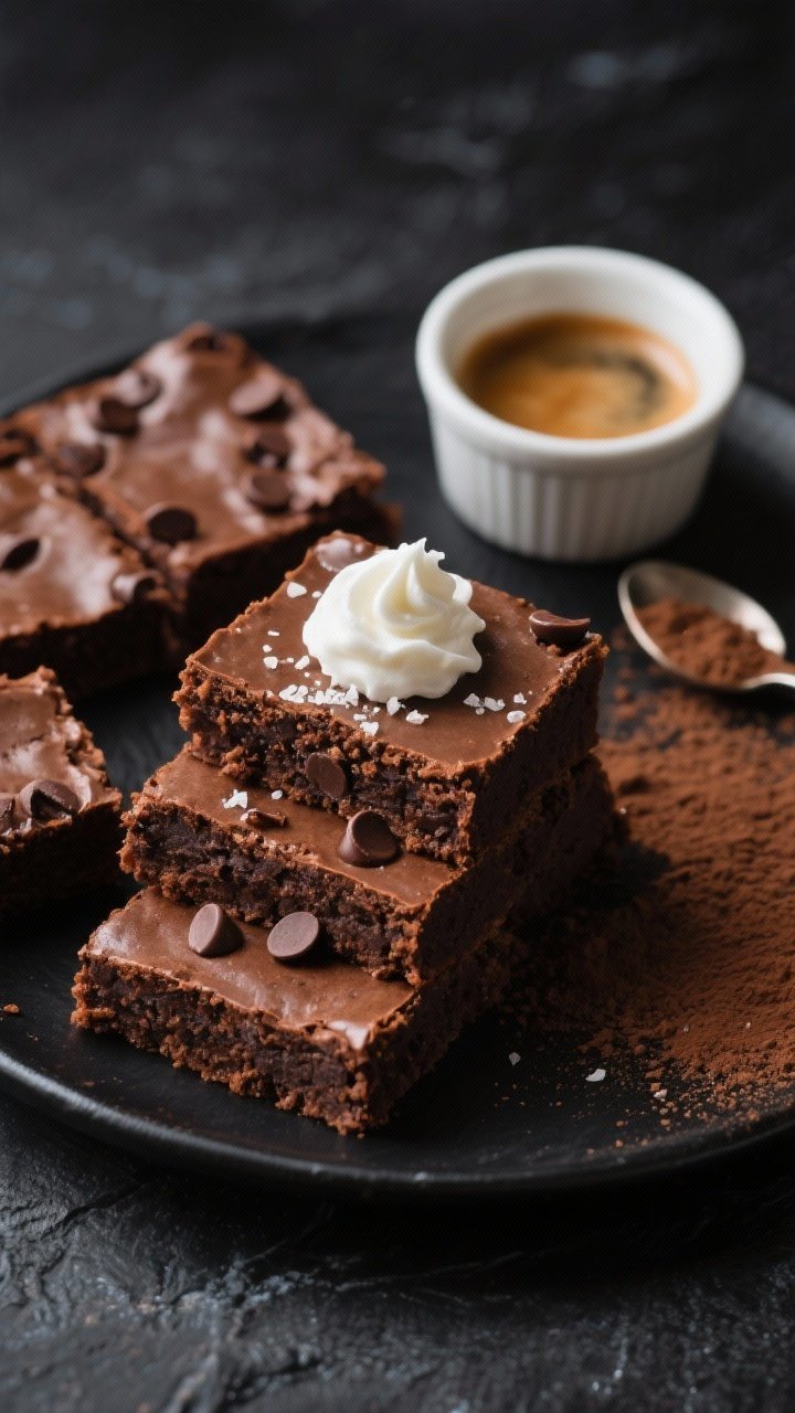 Overhead final presentation: Neat squares of keto brownies sliced cleanly, arranged on a matte black