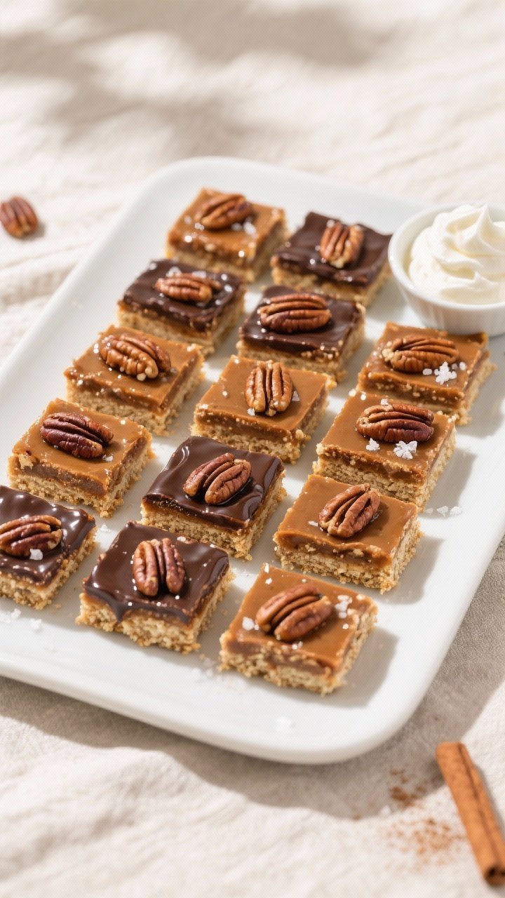 Overhead final presentation: Neatly sliced keto pecan pie bars arranged in a tight grid on a white c