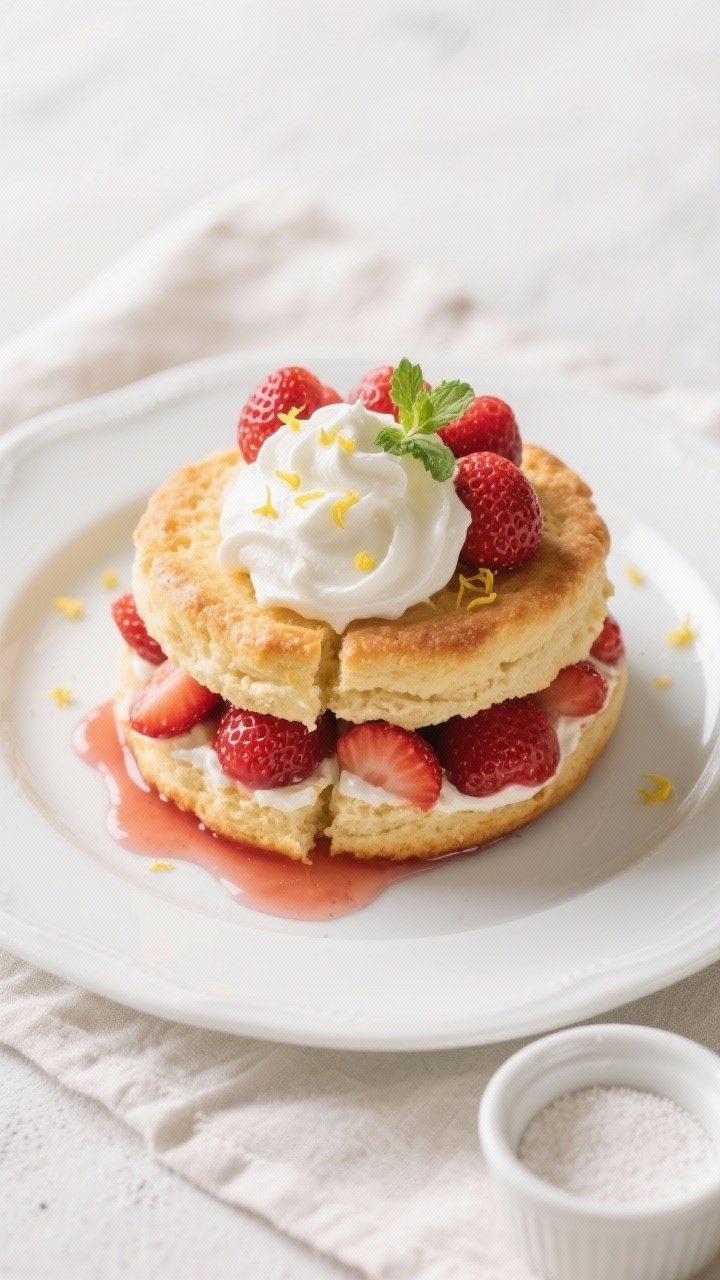 Overhead final presentation of assembled keto strawberry shortcake: split biscuit layered with juicy