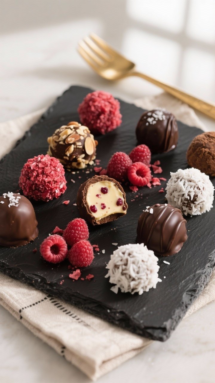 Overhead final presentation of assorted coated truffles arranged in a tight, bakery-worthy grid on m