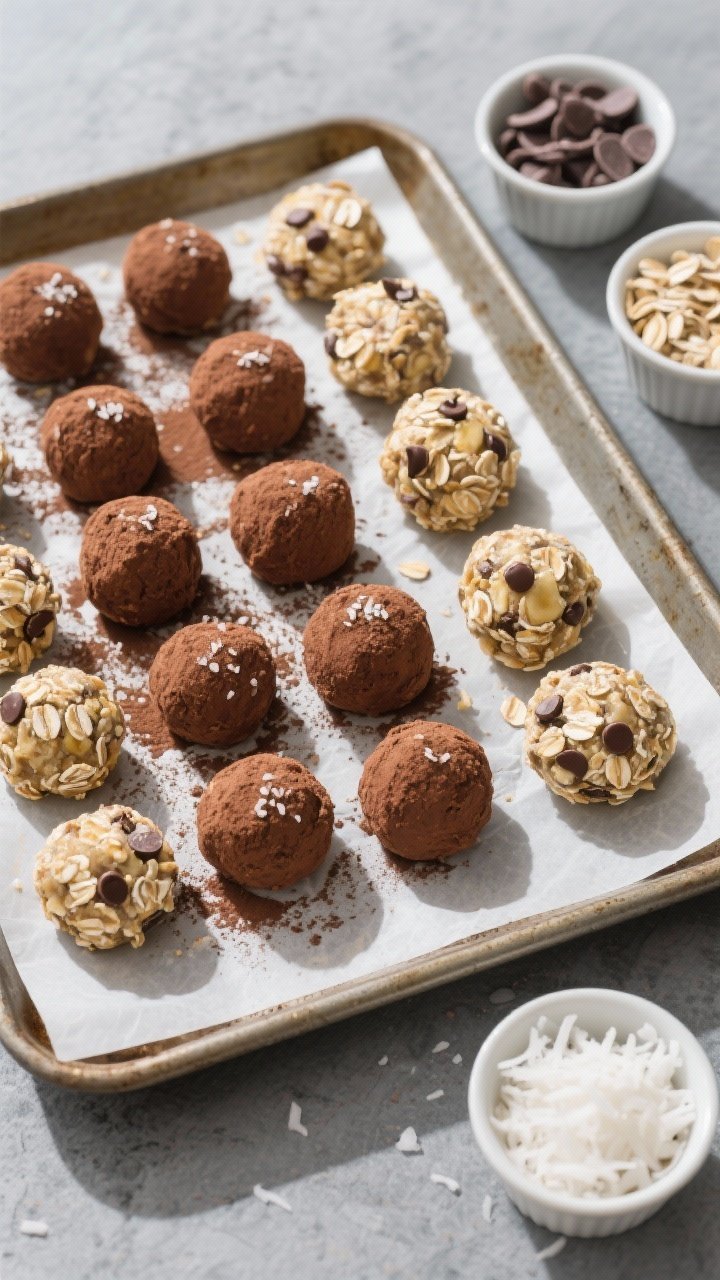 Overhead final presentation of Banana Oat Energy Bites set for grab-and-go: 16–20 uniformly sized 