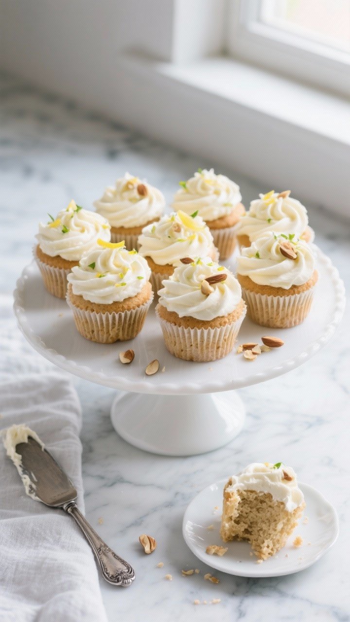 Overhead final presentation of frosted keto almond flour cupcakes on a white ceramic cake stand, eac