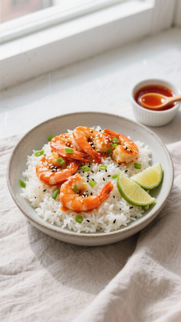 Overhead final presentation of Honey Sriracha Shrimp over fluffy jasmine rice: neat bowl presentatio
