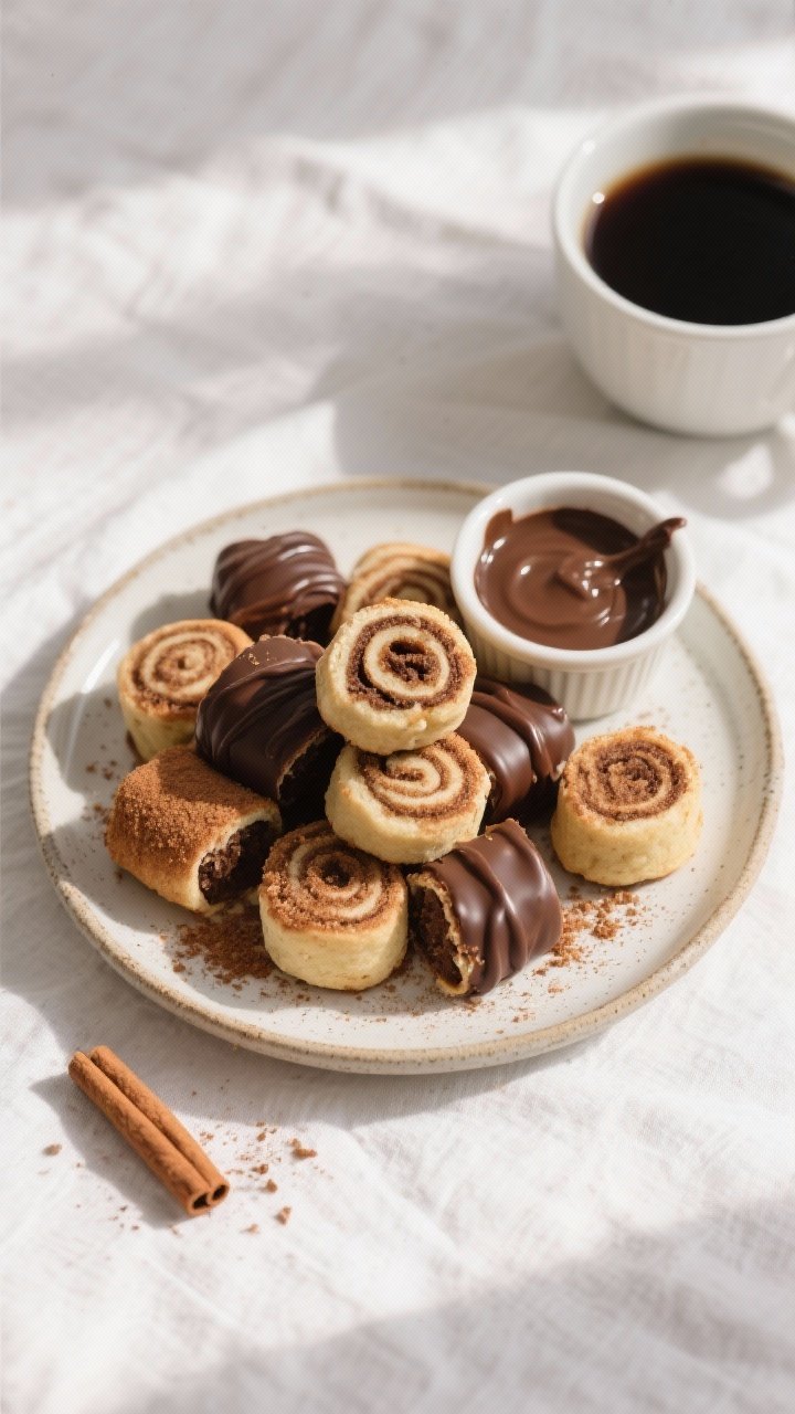 Overhead final presentation of Keto Chocolate Cinnamon Roll Bites plated café-style: a small cerami