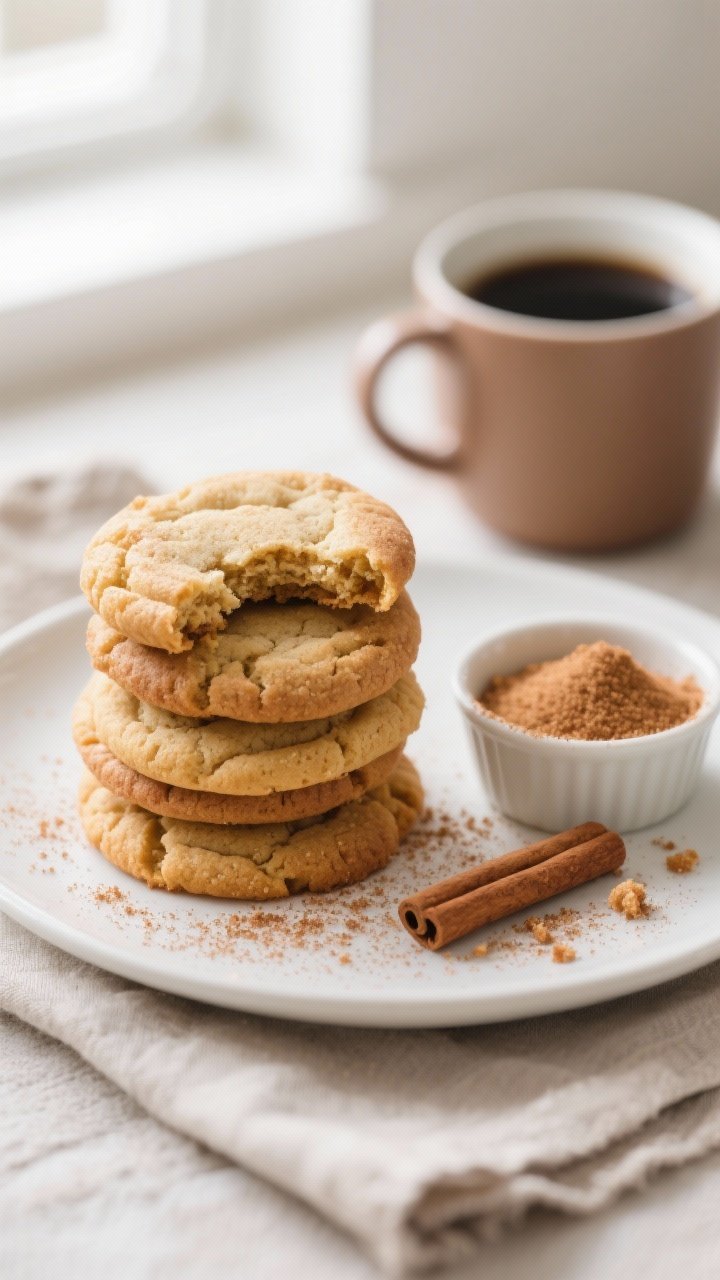 Overhead final presentation of Keto Snickerdoodle Cookies stacked and fanned on a matte white plate,