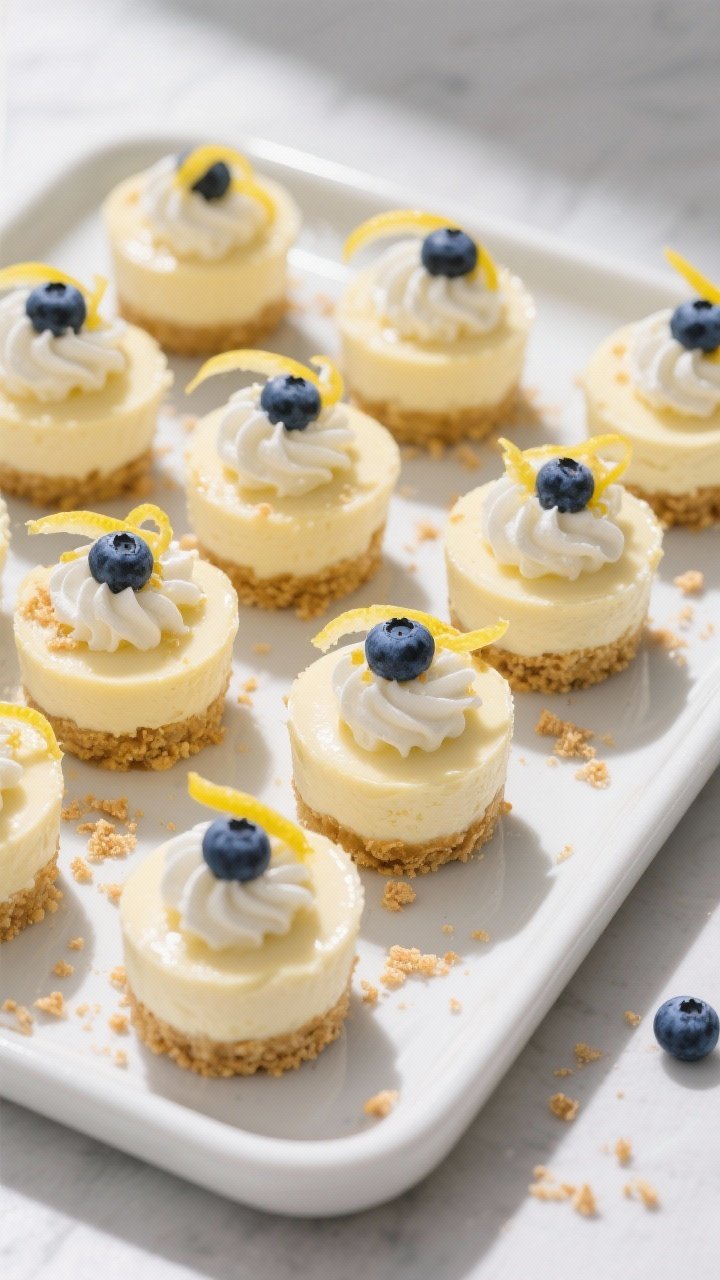 Overhead final presentation of multiple no-bake lemon blueberry cheesecake cups arranged on a white 