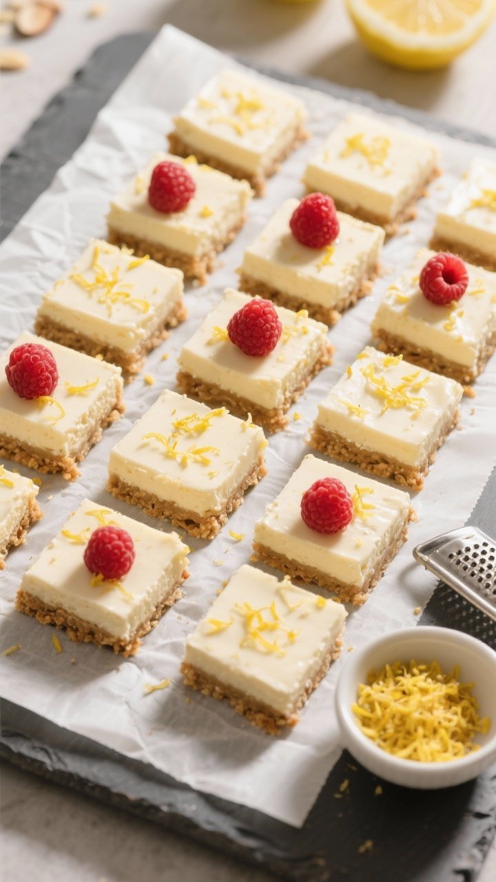 Overhead final presentation of neatly sliced Keto Lemon Vanilla Cheesecake Squares arranged in a tig