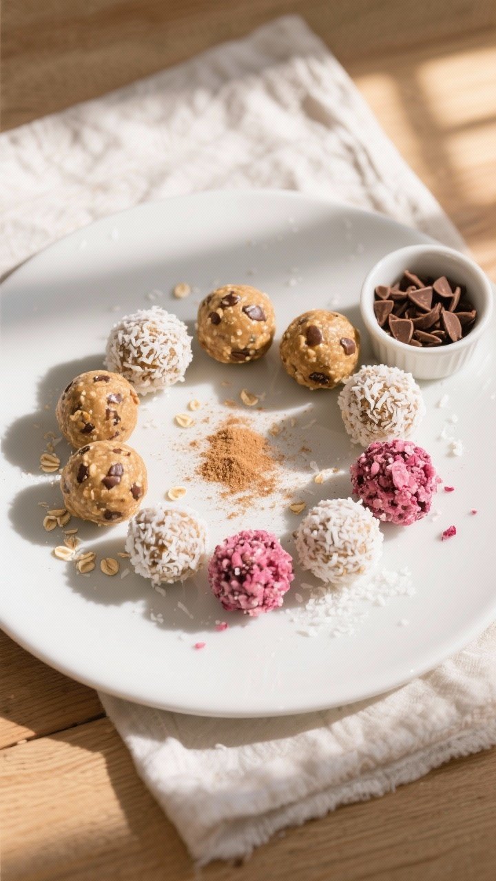 Overhead final presentation of no-bake almond butter energy balls arranged in a tight circle on a ma