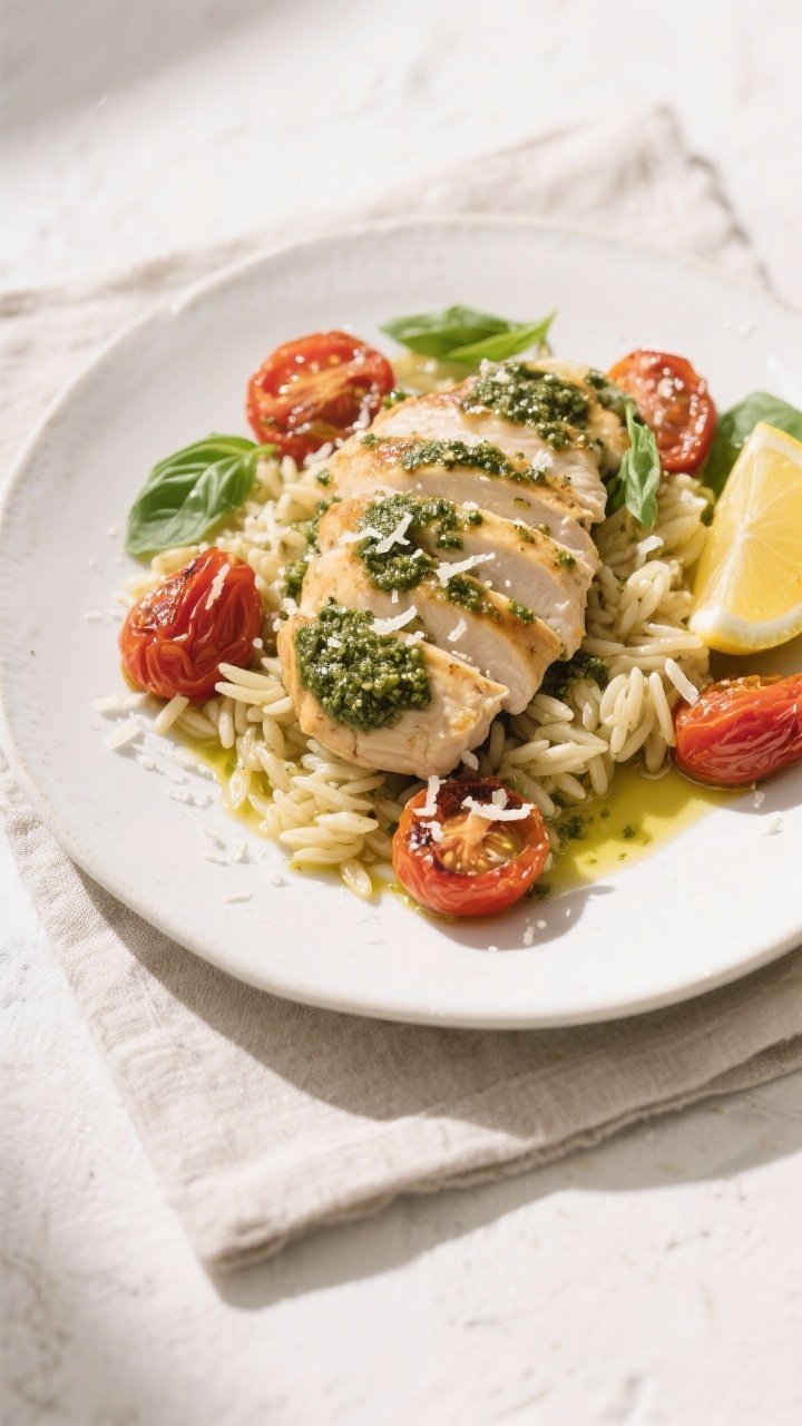 Overhead final presentation of Pesto Chicken with Roasted Tomatoes: sliced, tender chicken breast fa