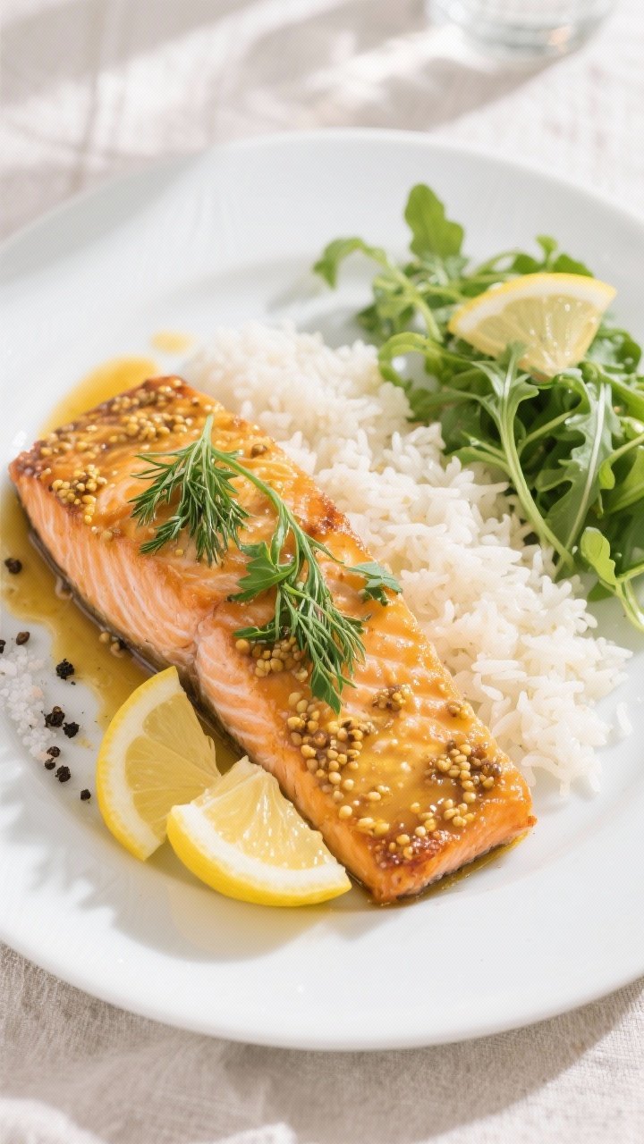 Overhead final presentation of plated baked honey mustard salmon on a matte white plate, topped with
