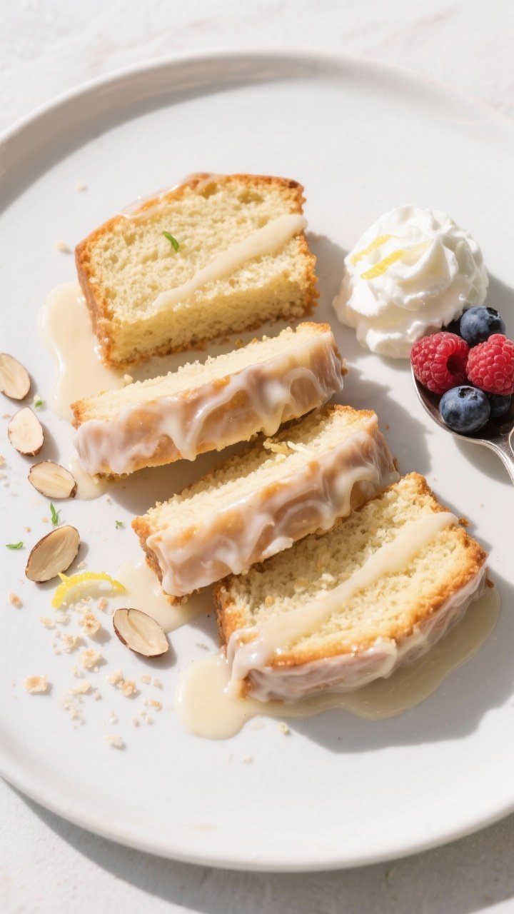 Overhead final presentation of plated Keto Vanilla Almond Pound Cake: three neatly cut slices on a m