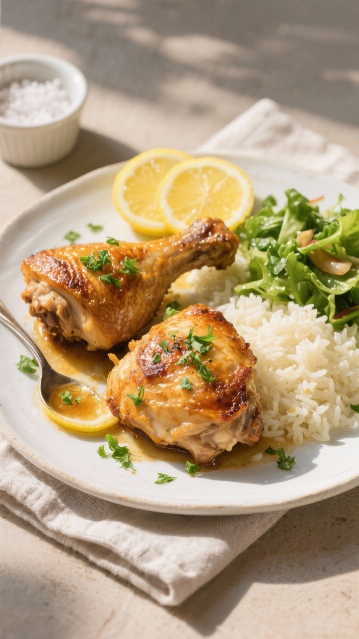 Overhead final presentation of plated lemon garlic roasted chicken thighs: two thighs skin-side up o