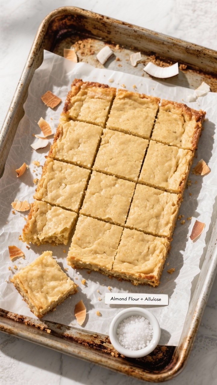 Overhead final presentation of sliced keto blondies arranged in a neat 3x4 grid on parchment atop a 