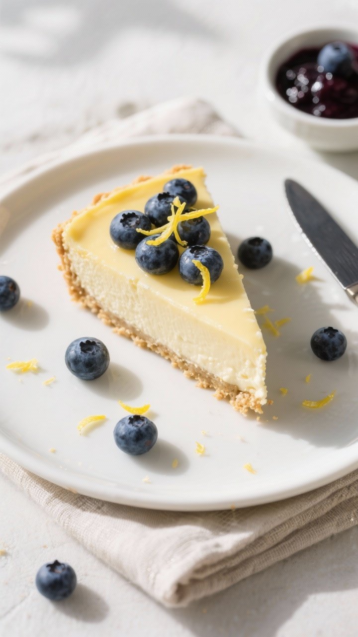 Overhead final presentation of sliced Keto Blueberry Lemon Cheesecake on a matte white plate, neat w