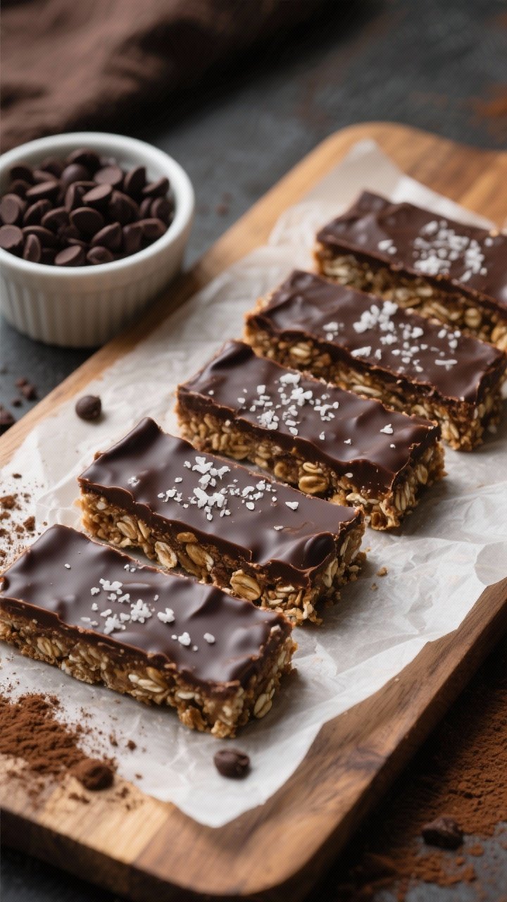 Overhead final presentation of sliced no-bake mocha oat bars set with a glossy dark chocolate top la