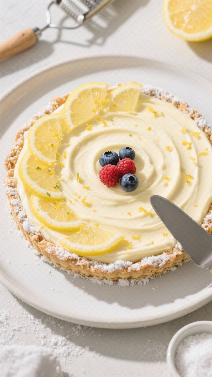 Overhead final presentation of the whole Keto Lemon Cream Tart on a matte white ceramic plate: smoot