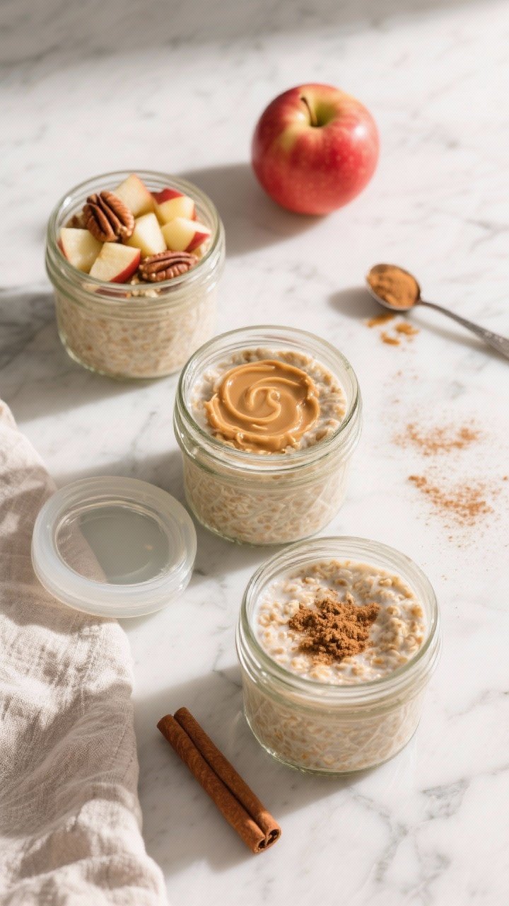 Overhead final presentation of three meal-prep jars of apple cinnamon overnight oats on a marble sur