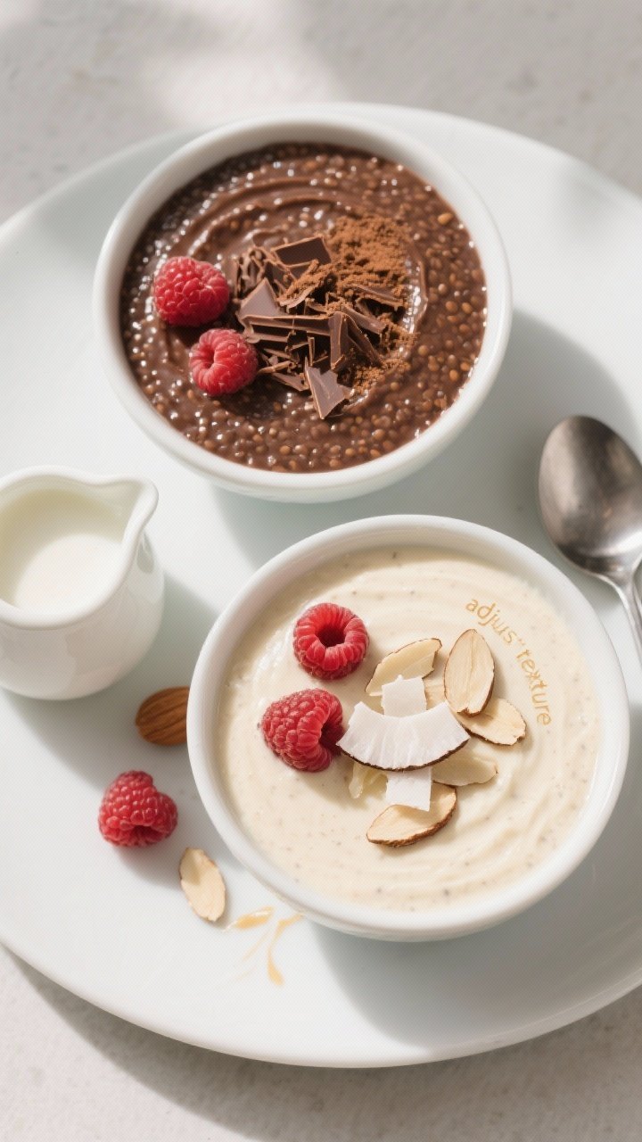 Overhead final presentation of two flavor variations: Chocolate Dream and Vanilla Almond. One bowl o