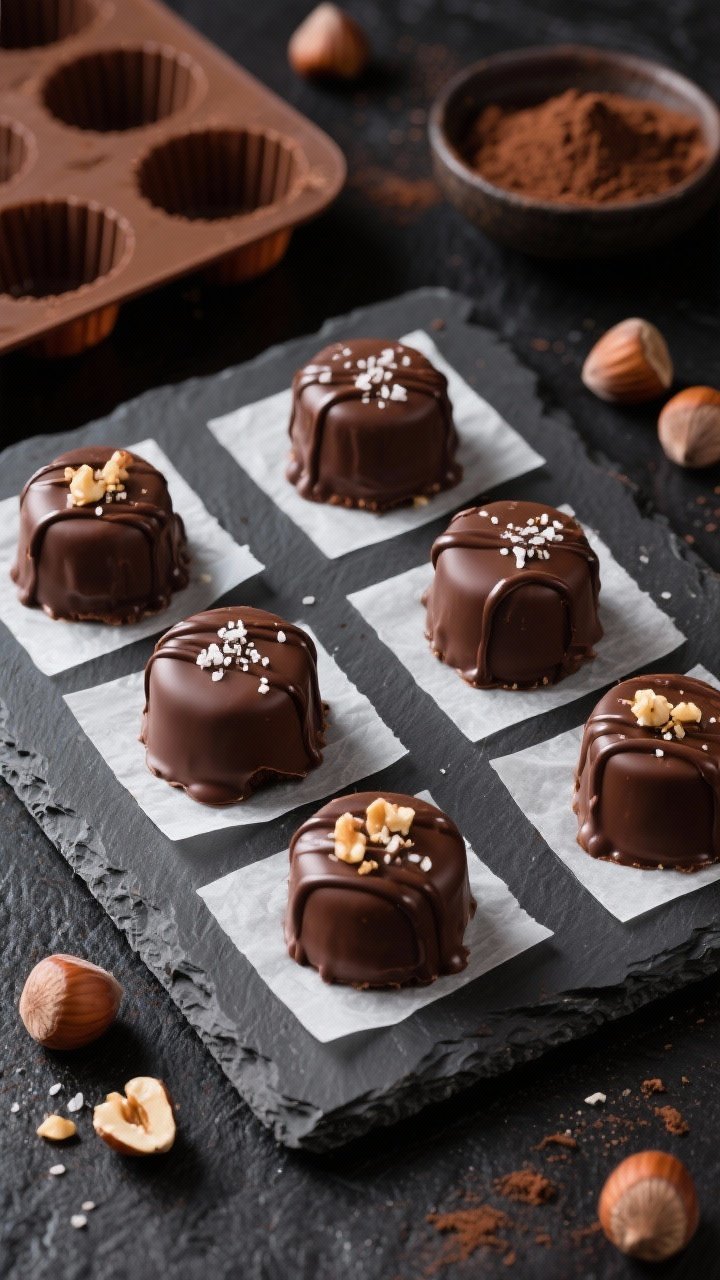 Overhead final presentation: Set Keto Chocolate Hazelnut Fat Bombs unmolded from silicone mini muffi