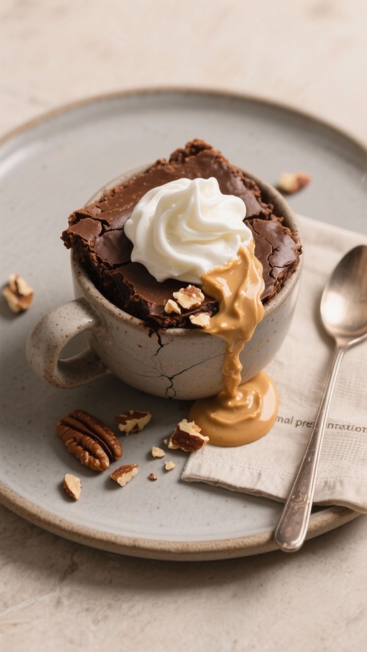 Overhead “final presentation” shot of the keto chocolate mug brownie topped with a generous swir