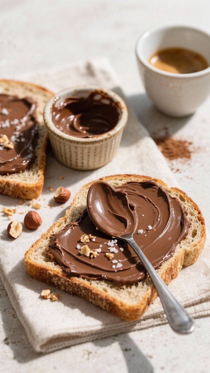 Overhead final presentation shot of the spread generously smeared on two slices of toasted low-carb 