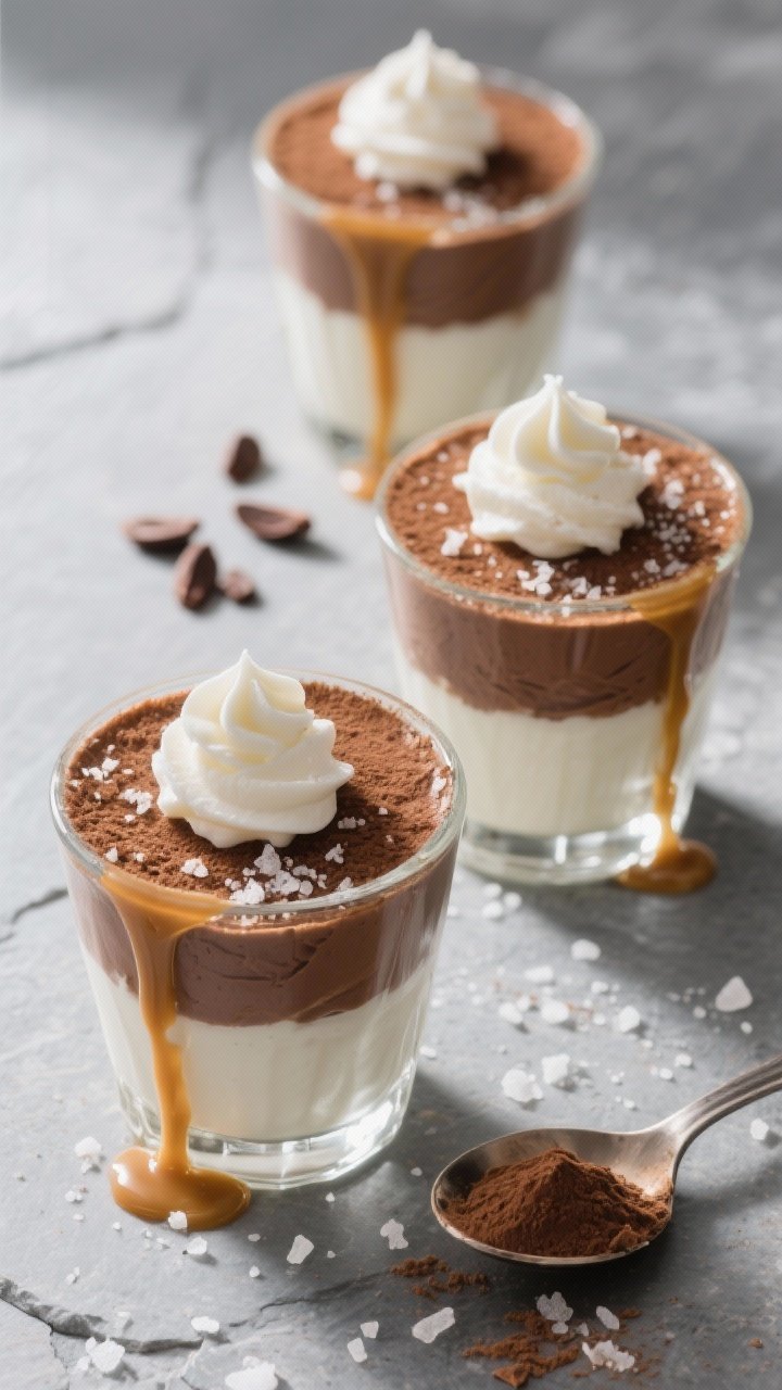 Overhead final presentation shot: two to three small clear glasses of Keto Salted Caramel Chocolate