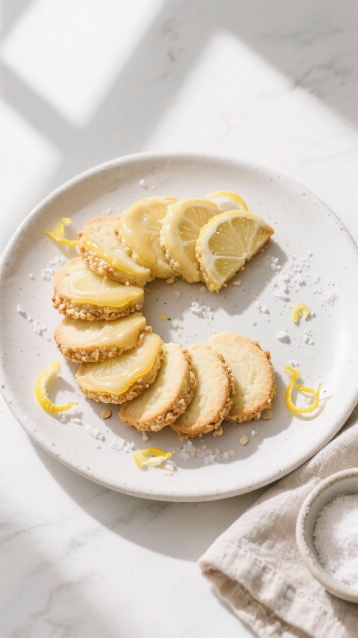 Overhead final presentation: Slice-and-bake keto lemon almond shortbread cookies arranged in a neat 