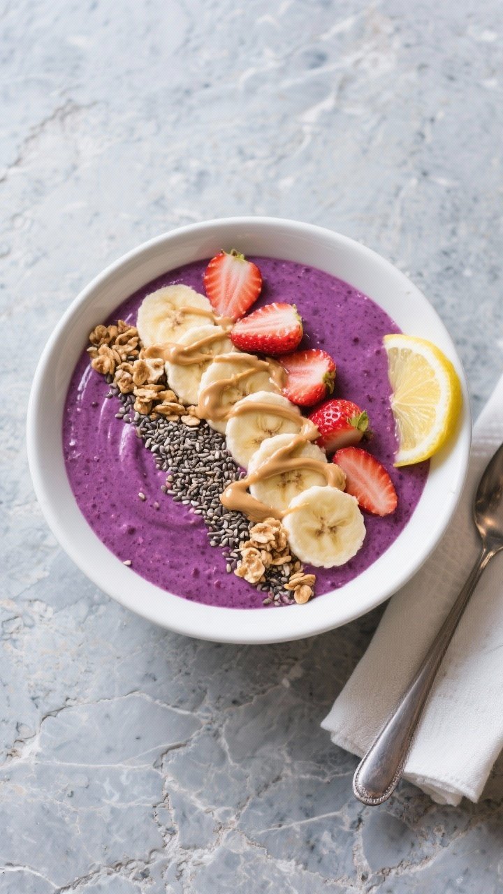 Overhead final presentation: Tasty of a breakfast smoothie bowl version—extra-thick berry protein 