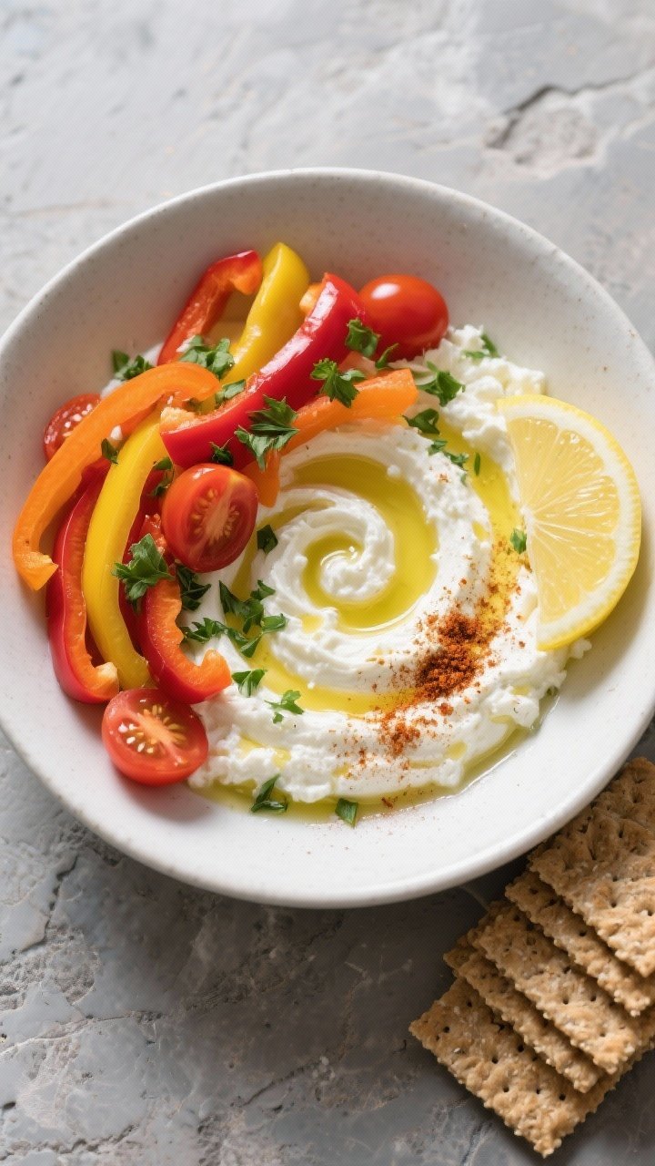 Overhead final presentation: Tasty of a finished protein-packed bowl—cottage cheese base swirled w