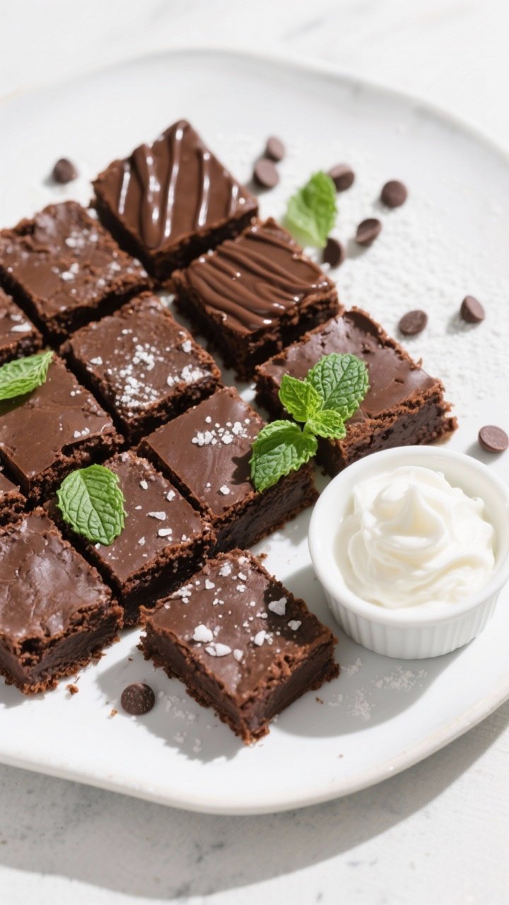 Overhead final presentation: Tasty top view of neatly sliced keto chocolate mint brownie squares (12