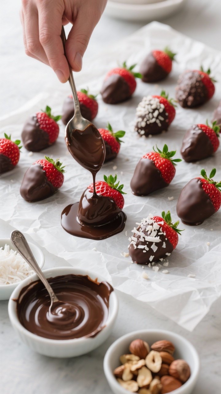Overhead process scene showing dipping and topping: a neat arrangement of prepared keto chocolate-co
