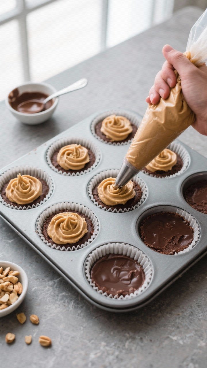Overhead process shot: A 12-cup muffin tin lined with paper liners on a cool gray countertop; bottom