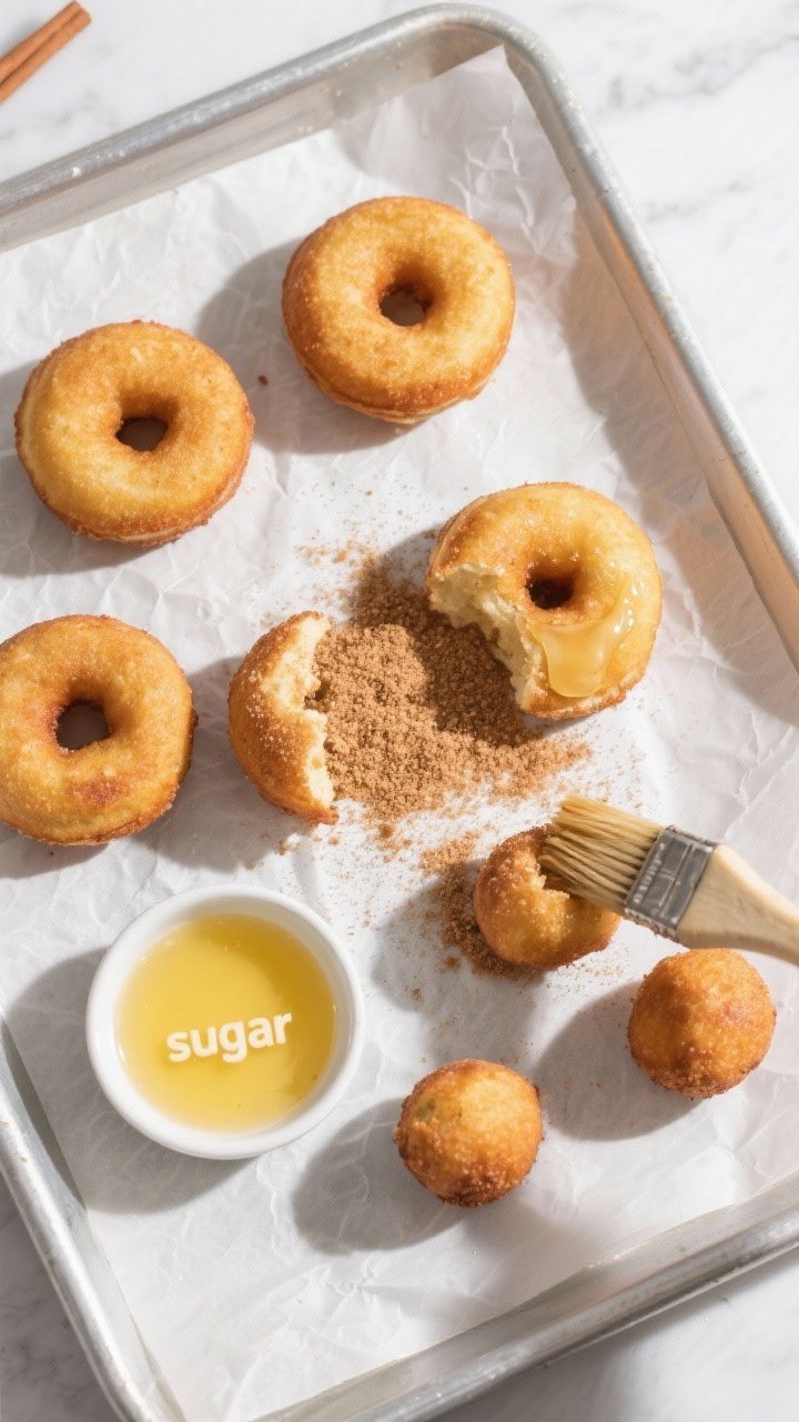 Overhead process shot: Air-fried keto donut holes resting on parchment-lined tray after cooking, lig