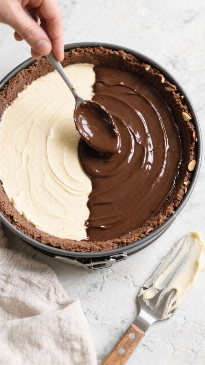 Overhead process shot during assembly: springform pan on a light stone surface with the par-baked ch