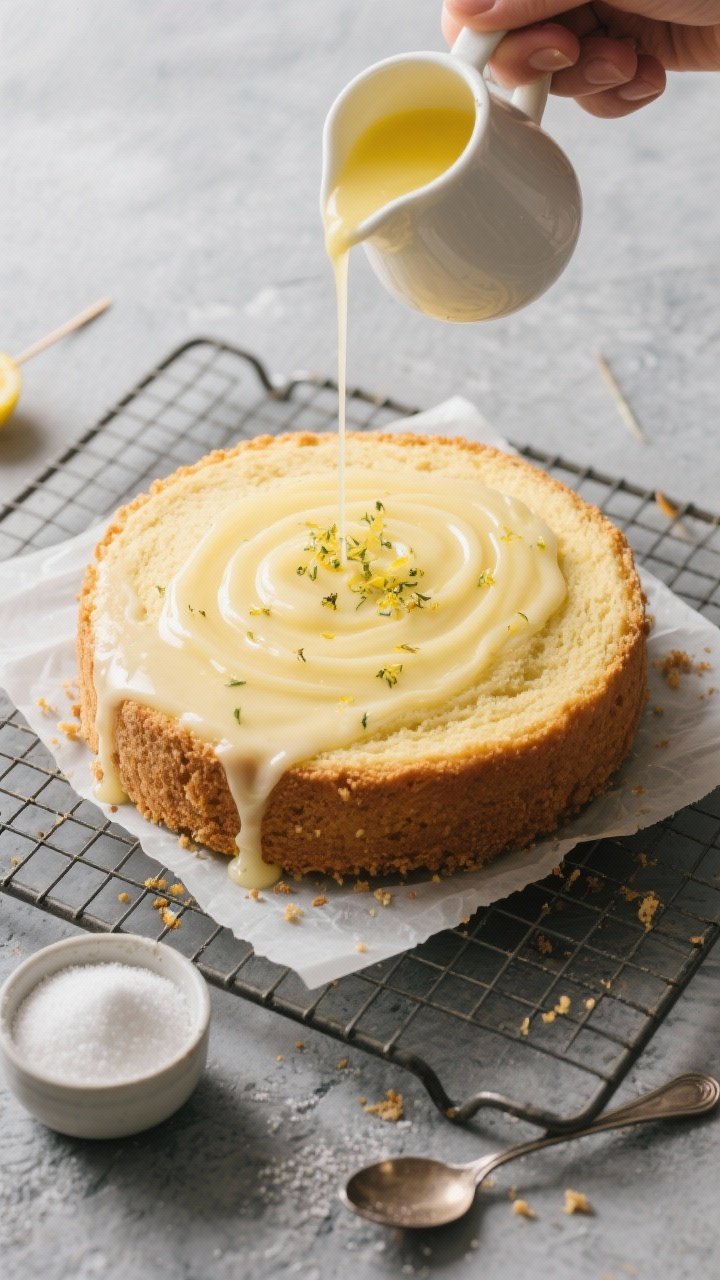 Overhead process shot, icing moment: of the fully baked 8-inch round Keto Lemon Coconut Cake set on 
