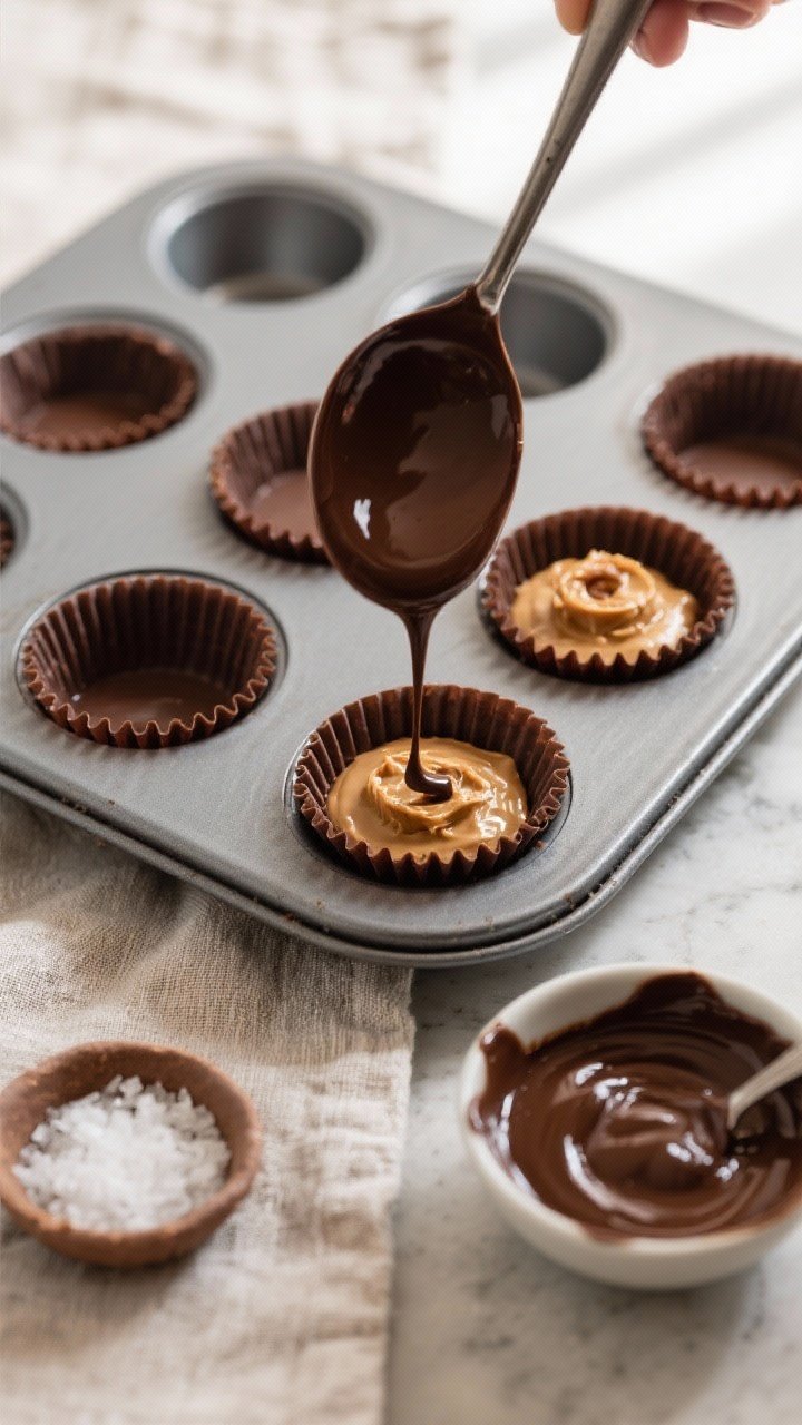 Overhead process shot: Mini muffin pan lined with silicone cups, each partially filled—bottom laye