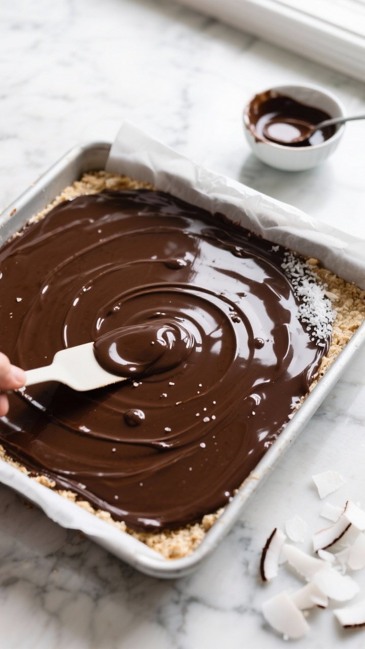Overhead process shot of an 8x8 pan just after the chocolate layer has been poured and smoothed over